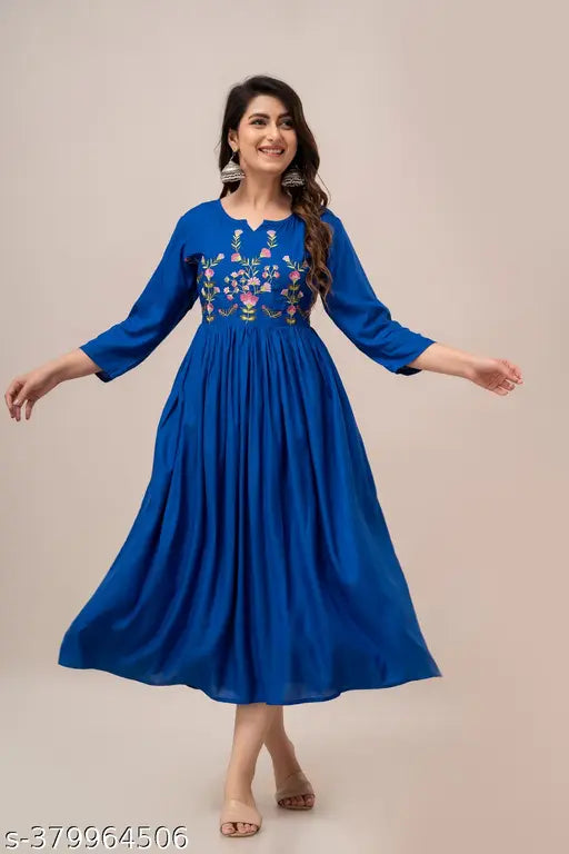 Denube blue floral embroidery anarkali kurta with elbow length sleeves and side slit