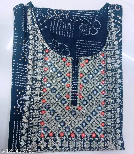 Sarai Jaipur rayon bandhani printed round kurta with 3/4 sleeves, intricate embroidery on neck, viscose rayon fabric, Indian origin