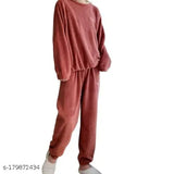 Woolen night suit for women in free size (40in bust, 34in waist, 39in length), soft and fine quality wool velvet, perfect for autumn, winter, spring cool days, casual style with long sleeves and round neck