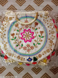 Colorful embroidered handbag with floral design, fabric details