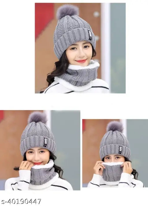 A woman wearing a grey beanie with a scarf and a grey ball cap