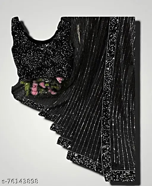 Unique design sequins work saree with velvet blouse piece, heavy net and velvet fabric, embellished pattern, free size, Indian origin