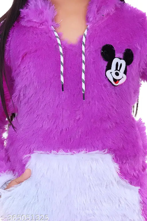 Girls Self Design Hooded Neck Purple Sweater