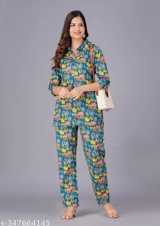 Pure cotton top & pyjama co-ord set, printed in vibrant Indian designs. Perfect loungewear for women in warm weather
