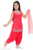Red Georgette Patiala Salwar Kurti Set for Girls - Embellished ethnic wear with mirror and stone work, suitable for parties