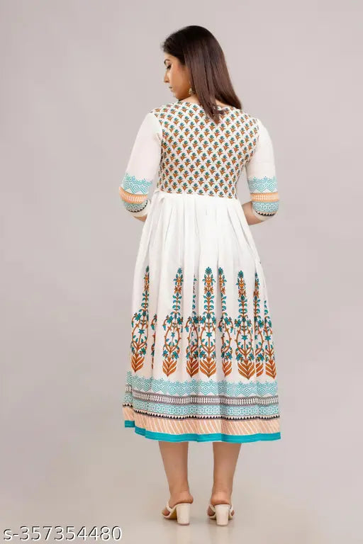 Rayon printed Kiara Anarkali Kurti, three-quarter sleeves, floral combo. Women's modern style for functions, festivals, parties, weddings. Indian origin