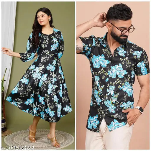 Rayon rayon-sleeve three-quarter mens shirt-kurti combo in new design launch, printed pattern for couples, XL, XXL. Indian ethnic wear set on display
