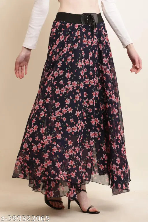 Raabta pink Georgette flower print skirt, women's fashion skirt with beal floral design