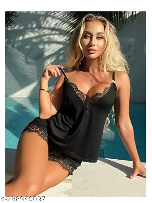 Trendy women's lace modal pyjama set, V-neck drawstring waist, free size 28-36 inch, sleeveless, printed net design