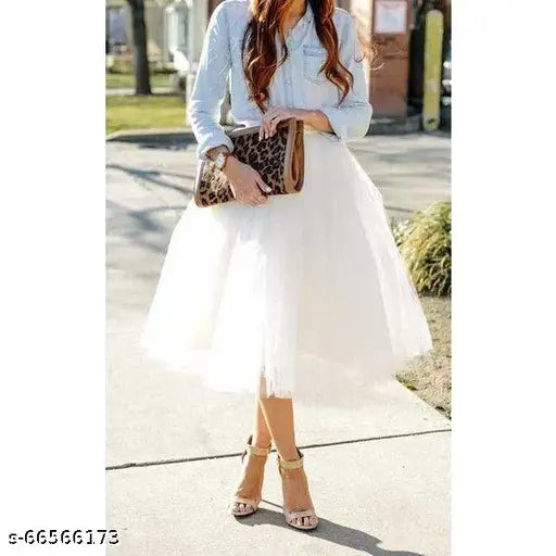 White net western skirt (free size), soft net with inner. Solid net pattern, ready-to-wear. Indian handcrafted design