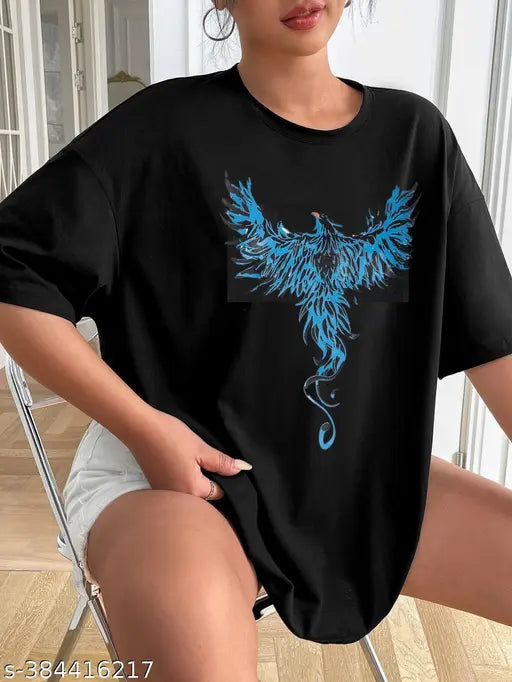 Black oversized graphic loose-fitting t-shirt for women with blue print