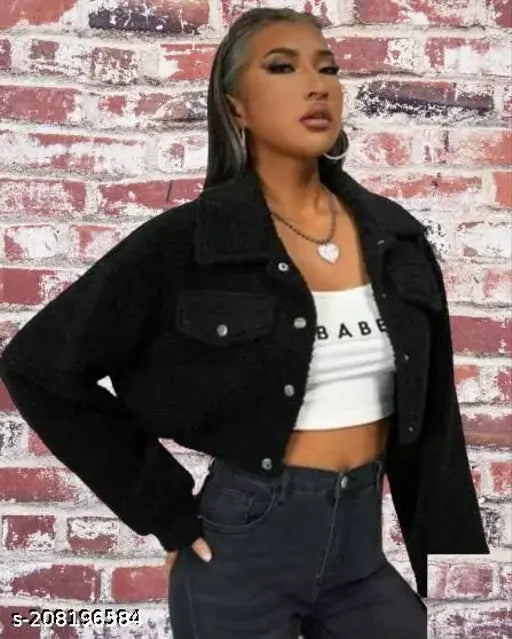 Trendy black womens crop wool jacket with long sleeves, solid pattern by DNEXT - Women's fashion accessory from India