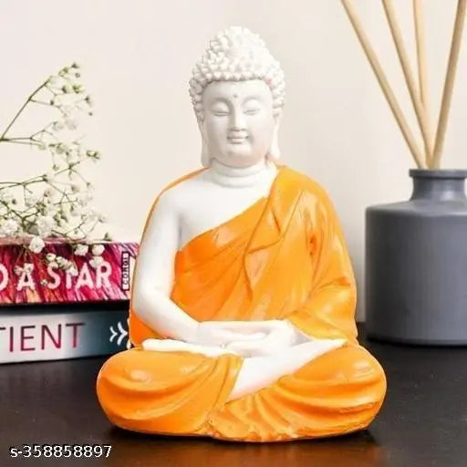 Orange handcrafted statue of meditating Lord Buddha, decorative showpiece