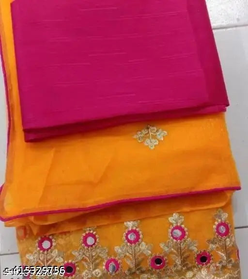 Indian silk blend sari with net embroidery and mirror work, free size, 5.5m length