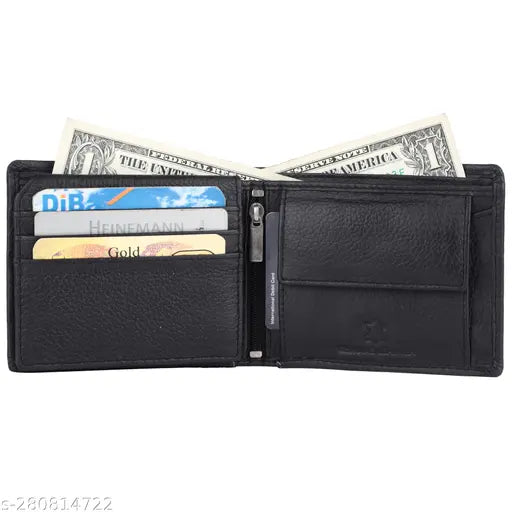 Leeon Black Leather Wallet for Men - 100% Genuine Leather, RFID Protected, 2 Compartments, Sleek Design, Indian Origin