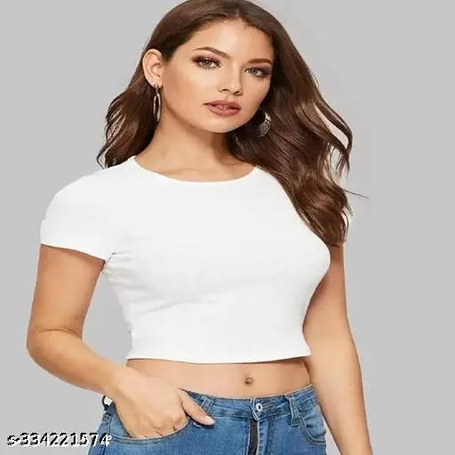 Fashionable Lycra crop top with half sleeves, solid color, available in sizes S-XL. Made in India