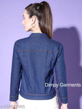 Dark blue solid women's denim jacket by Dimpy Garments, long sleeves, collared neckline, dual chest pockets, button front closure