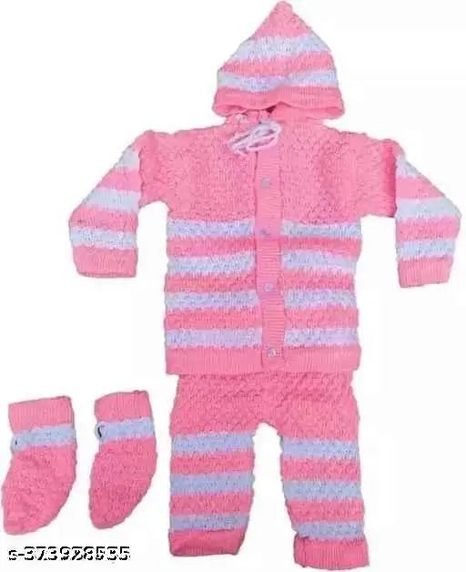 Wool striped newborn baby sweater pajama for winter, three pieces in sizes 0-3 months & 0-6 months from India