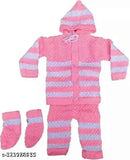 Wool striped newborn baby sweater pajama for winter, three pieces in sizes 0-3 months & 0-6 months from India