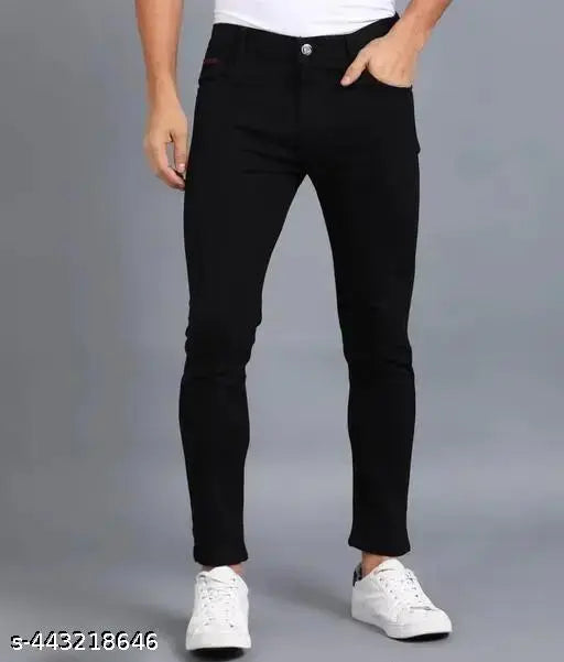 Men's black high-rise distressed jeans with a zip fly and belt loops