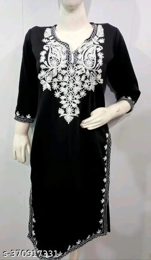 Black wool long-sleeved embroidered tunic