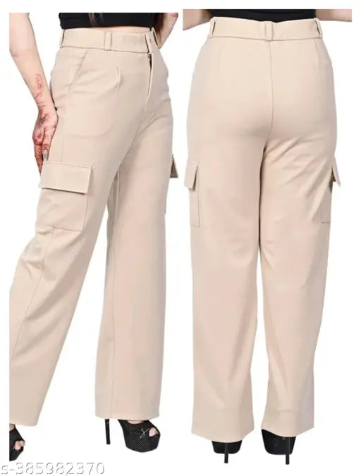 Tan cargo pants with slanted inset pockets, flap closure, straight-fit design