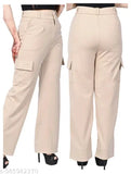 Tan cargo pants with slanted inset pockets, flap closure, straight-fit design