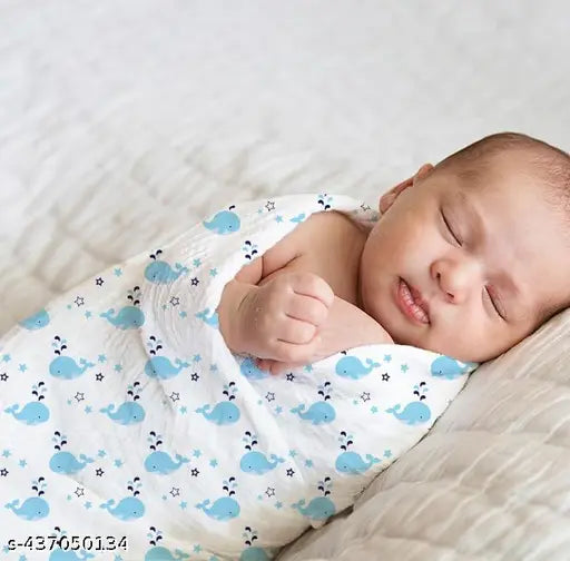 Blue whale print 100% cotton muslin swaddle wrap for newborn baby.