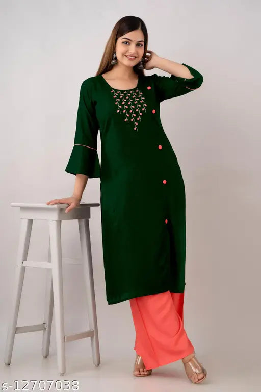 Bottle Green Rayon Embroidered A-line Kurti with Palazzos, ideal for casual or festive wear