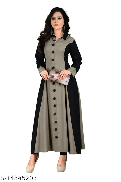 Cement Black Madhuram Woman Solid Cotton Rayon Blend Flared Kurta - A-line, long sleeves, colorblocked design, versatile for all occasions, Indian origin
