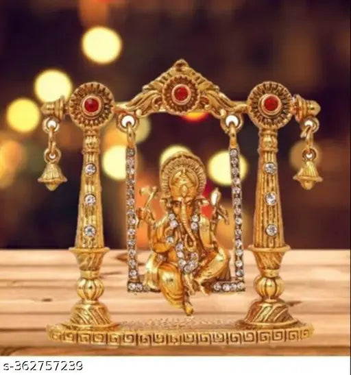 Antique gold metal Lord Ganpati on Jhula, decorative automobile showpiece for home temple, Ganesh Chaturthi gifting item (3 inch)
