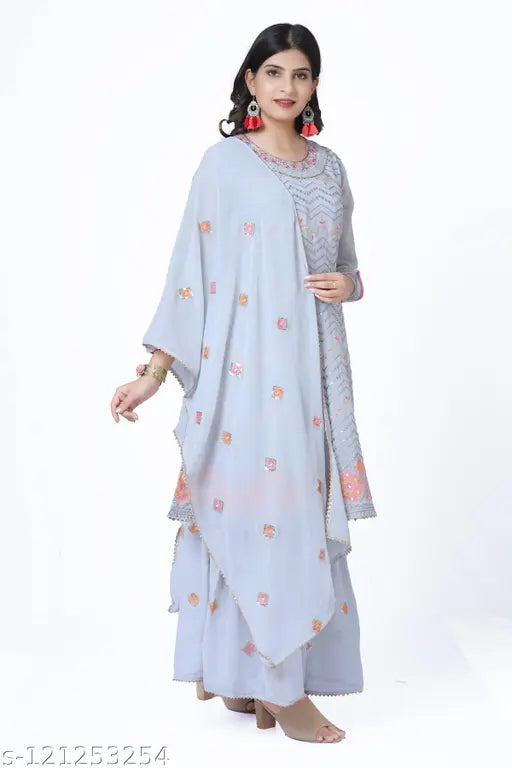 Light blue embroidered anarkali suit with sharara and dupatta set