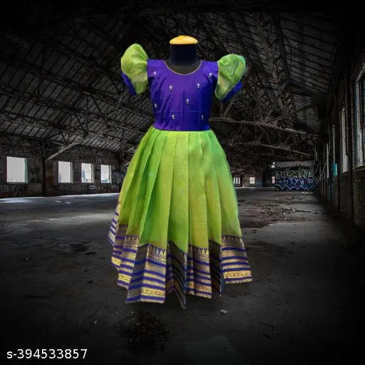 Graceful Girls ethnic gowns, maxi full length Anarkali dress in checked net and jequard silk with zari butti and banarasi. Round neck, half sleeve design. Dry clean only. Indian occasion wear for ages 12 months - 10 years." (122 characters)