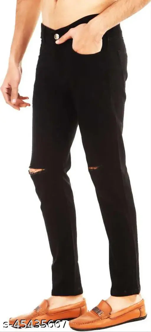 Black distressed men's skinny jeans with knee holes
