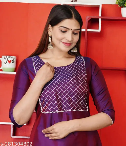 Alisha fashionbale embroidered A-Line art silk kurta, three-quarter sleeves, wine embroidery work on Indian-made formalwear for women