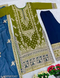 Green and gold traditional women's kurta sets with embroidered detailing, long sleeve with intricate work
