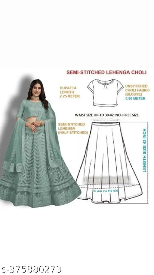 Mint green embroidered lehenga choli set, semi-stitched with net fabric, Indian bridal wear on mannequin