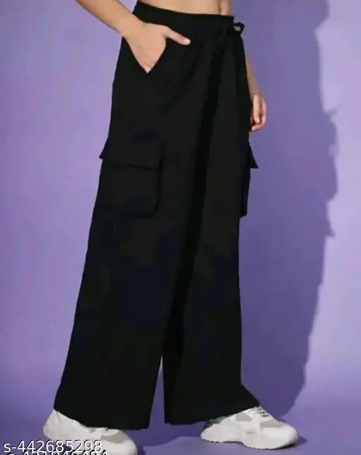 Black trousers with deep pockets, high waist, and wide legs