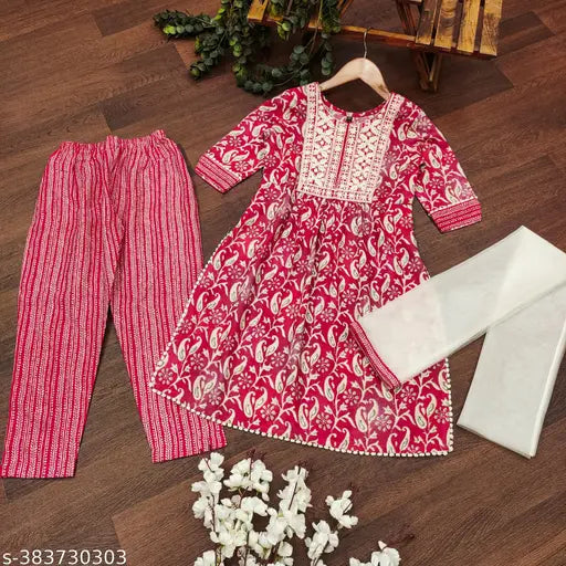 Printed embroidered cotton kurta bottom dupatta set for girls, single net quantity, trendy traditional design, suitable for functions, festivals, parties, and weddings