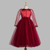 Maroon net sleeveless party dress for kids, embellished toy balloon design, India-made for 1-2 years