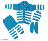 Kids woolen blue & white color sweater combo pack (sweater + pyjama/pant + cap & socks). Warm winter wear for 0-1 year babies, hand wash or machine wash in cold water. Embellished net design, Indian origin