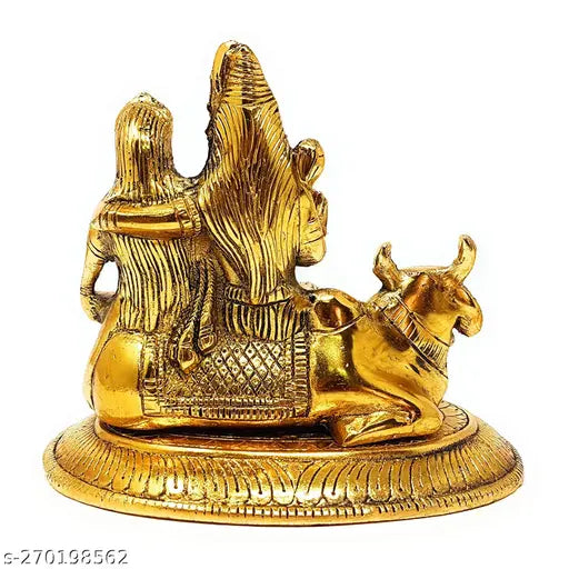 Metal SJ Golden Oxidized Shiv Pariwar with Nandi Statue from India, intricate oxidized metal sculpture of Hindu deities on display