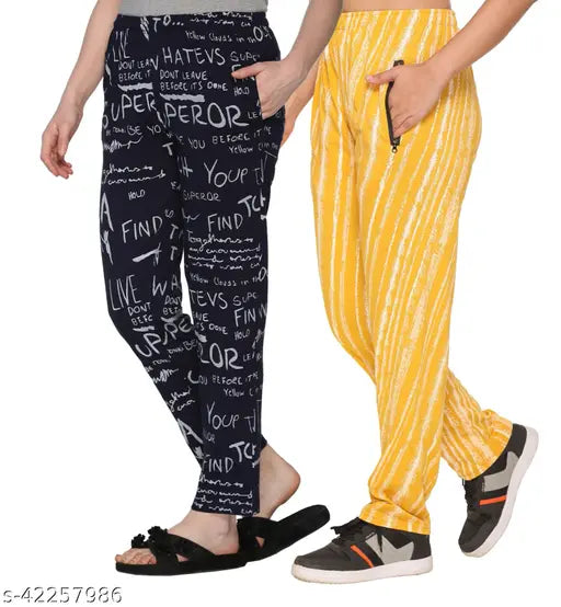 Yellow printed pajama bottoms with black writing, regular fit, women's style