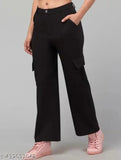 Trendy black cotton blend cargo pants for women & girls (2-pack), solid design with elasticated ribbed waist and 4 functional pockets, perfect for nightwear, casual, gym, sports, or evening wear