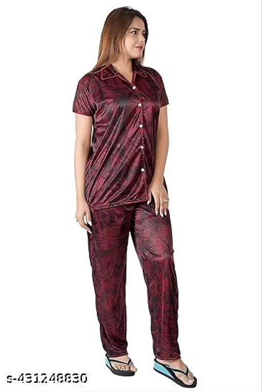 Printed satin nightwear set for women and girls, short-sleeved pyjamas in Indian design