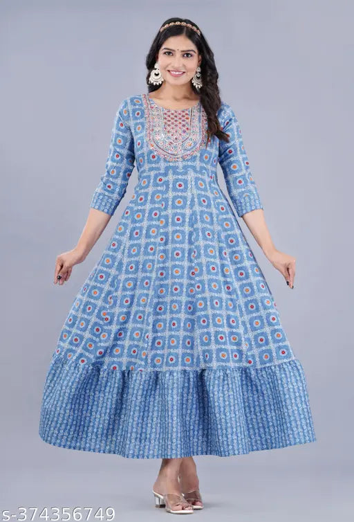 Rayon print Anarkali Kurtis, trendy and elegant, three-quarter sleeves, suitable for everyday wear in various sizes (M, L, XL, XXL). Indian ethnic wear with stylish designs and comfortable fabric