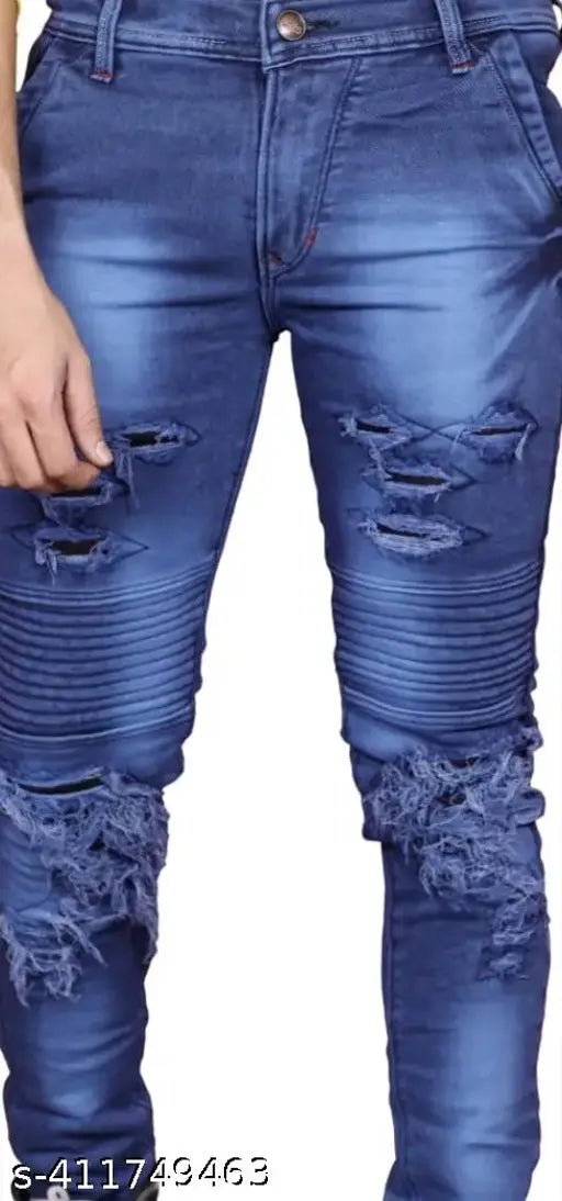 Blue dyed/washed cotton-blend men's jeans, elegantly glamorous ruff look