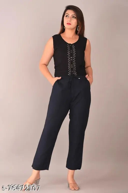 Dark blue cotton casual daily wear trousers with a black waistband