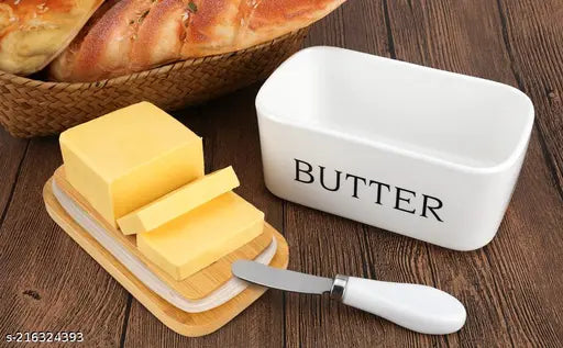 Ceramic butter dish, large container with wooden lid, steel butter knife, bamboo cover, silicone sealing ring
