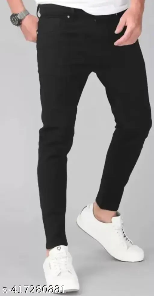 Men's black denim slim fit jeans with low price, stylish streetwear on model